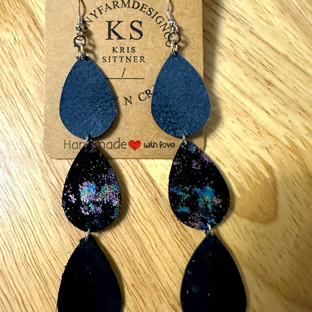 Trio teardrop leather earrings handmade